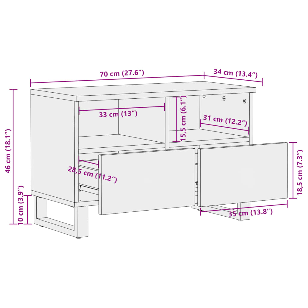 vidaXL Meuble TV marron 70x34x46 cm bois massif de manguier