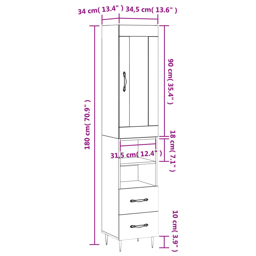 vidaXL Buffet haut Chêne fumé 34,5x34x180 cm Bois d'ingénierie