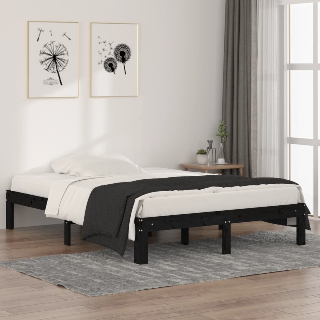 vidaXL Cadre de lit Noir Bois massif 135x190 cm Double