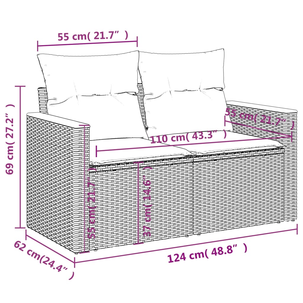 vidaXL Canapé de jardin 2 places avec coussins gris résine tressée