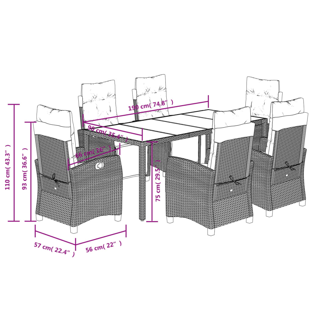 vidaXL Ensemble à manger de jardin coussins 7pcs Noir Résine tressée