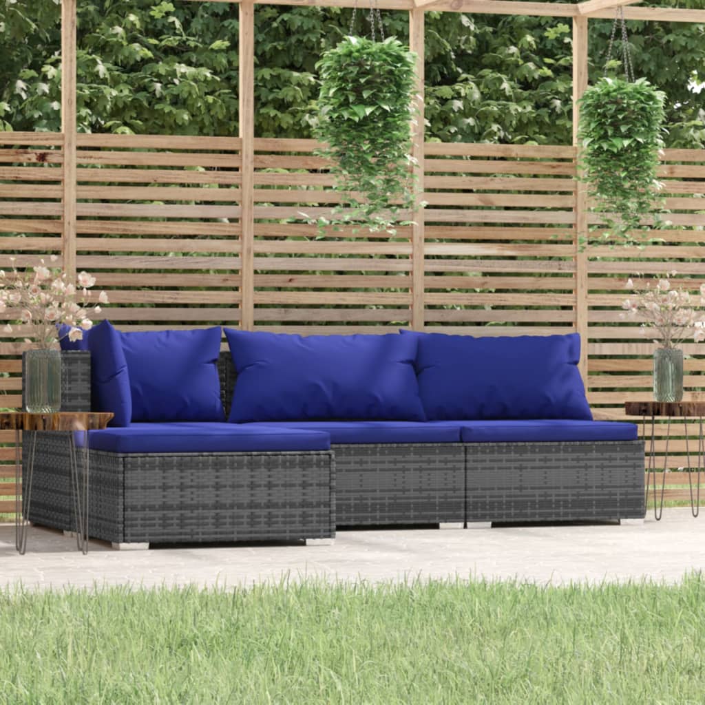 vidaXL Salon de jardin 4 pcs avec coussins Gris Résine tressée