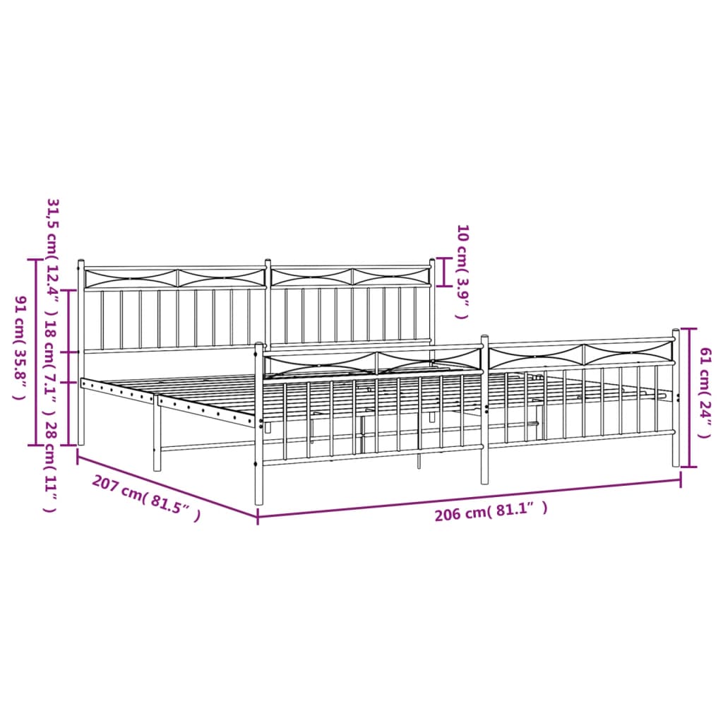 vidaXL Cadre de lit métal sans matelas avec pied de lit noir 200x200cm