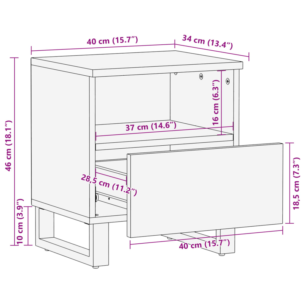 vidaXL Table de chevet 40x34x46 cm bois de manguier massif blanchi