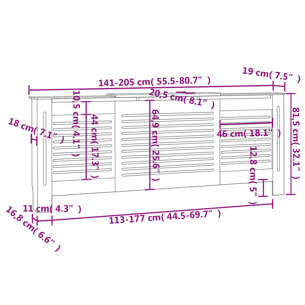 vidaXL Cache-radiateur MDF Blanc 205 cm