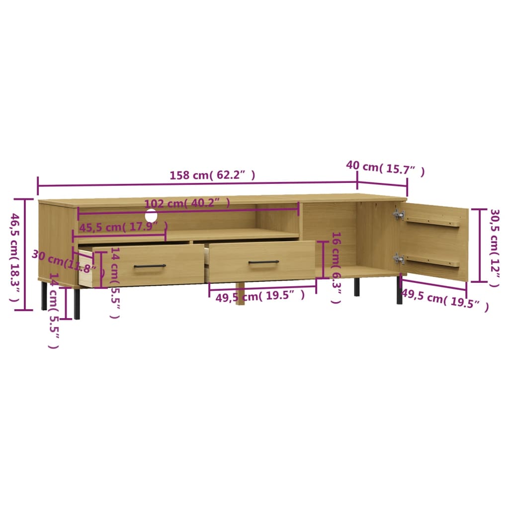 vidaXL Meuble TV avec pieds en métal Marron Bois de pin massif OSLO