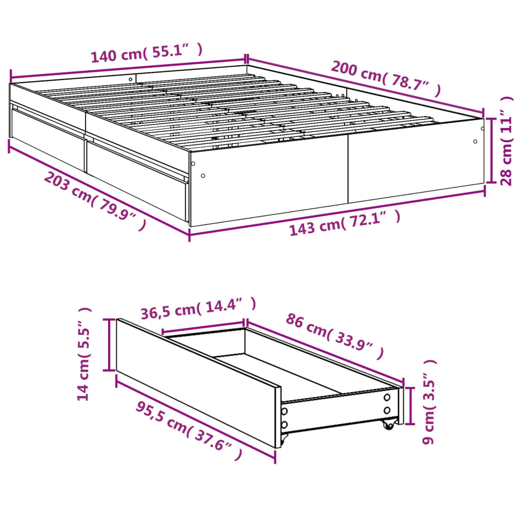 vidaXL Cadre de lit avec tiroirs sans matelas chêne sonoma 140x200 cm