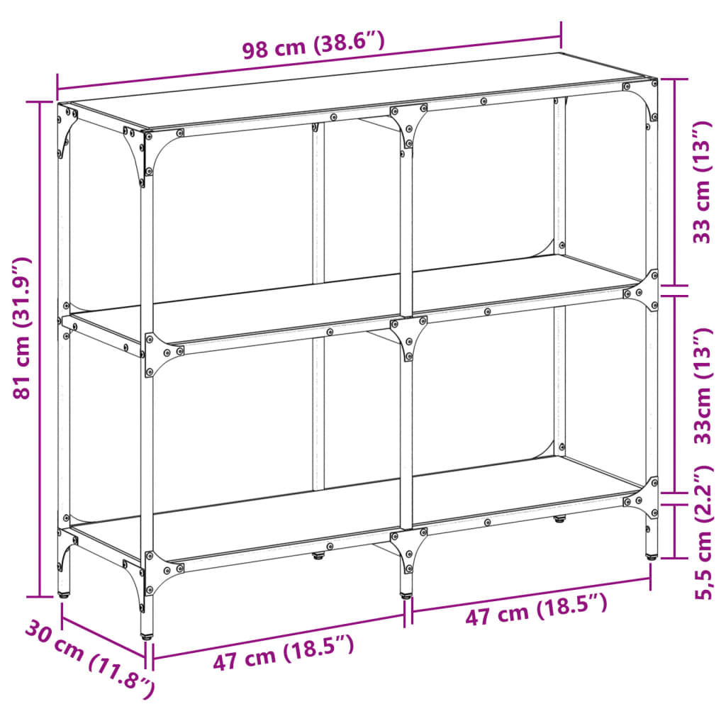 vidaXL Table console avec dessus en verre noir 98x30x81 cm acier