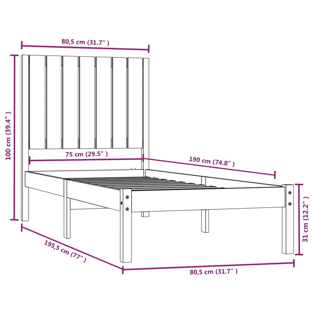 vidaXL Cadre de lit Marron miel Bois massif 75x190 cm Petit simple