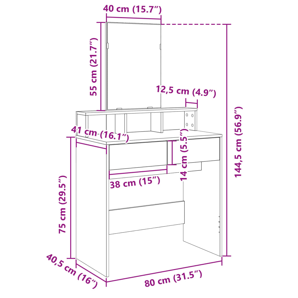 vidaXL Coiffeuse avec miroir gris béton 80x41x144,5 cm