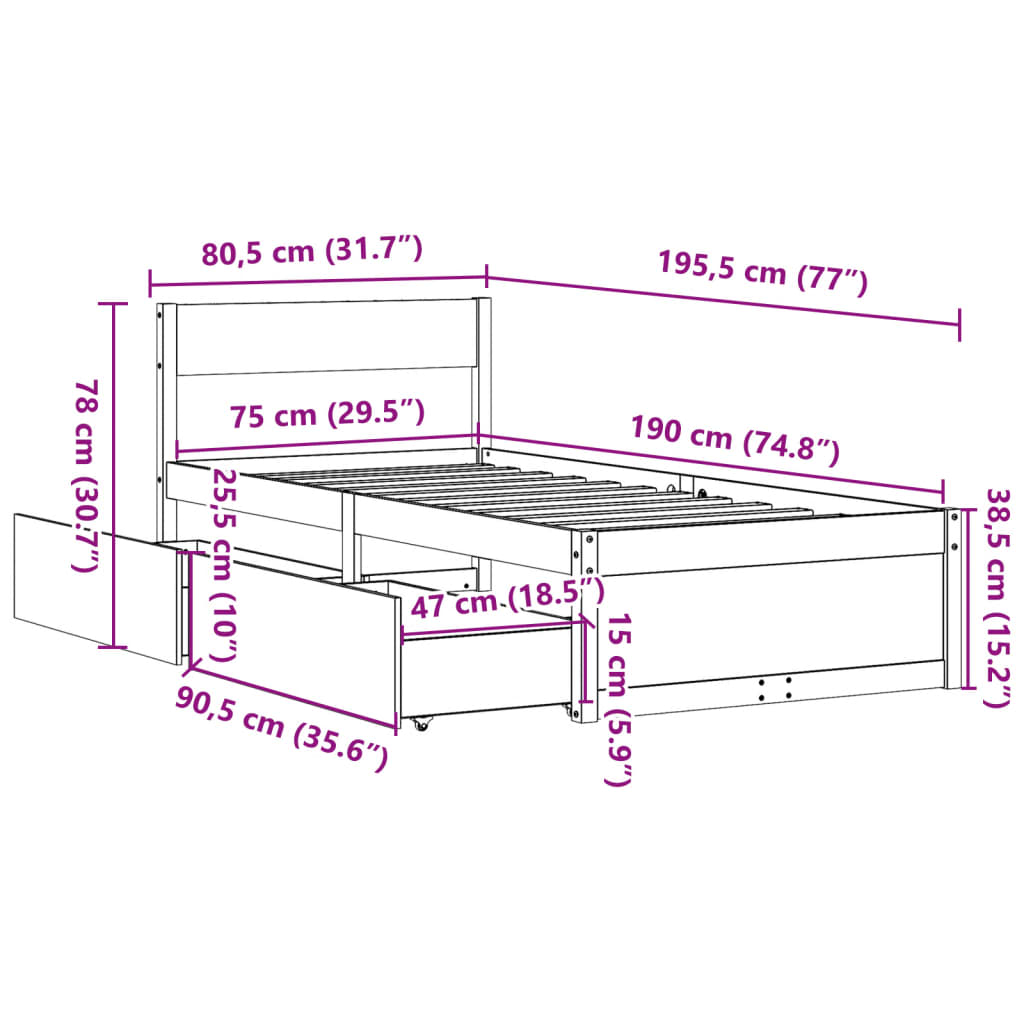 vidaXL Cadre de lit sans matelas 75x190 cm bois de pin massif