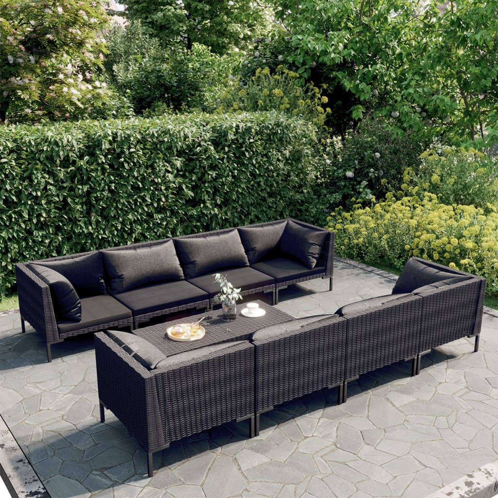 vidaXL Salon de jardin 9 pcs avec coussins Résine tressée Gris foncé