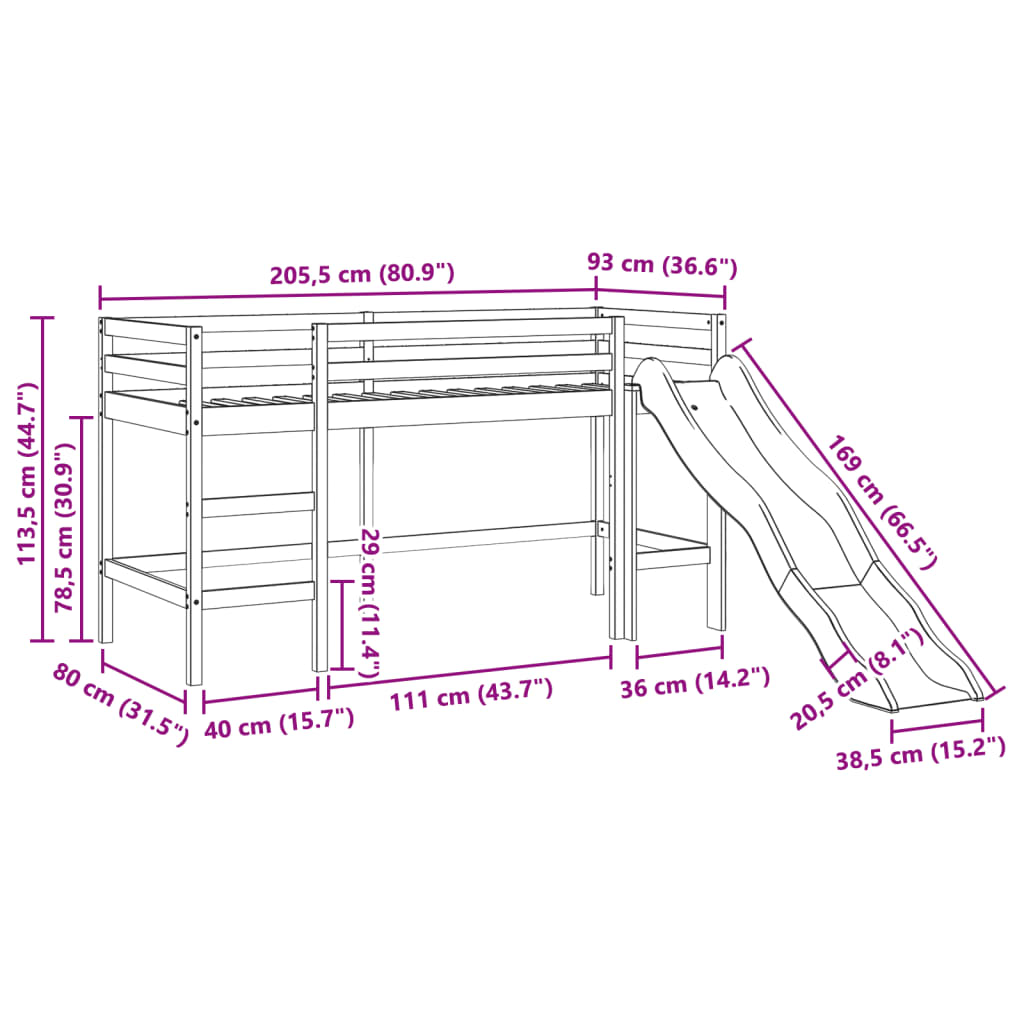 vidaXL Lit mezzanine enfants avec tunnel bleu 80x200cm bois pin massif