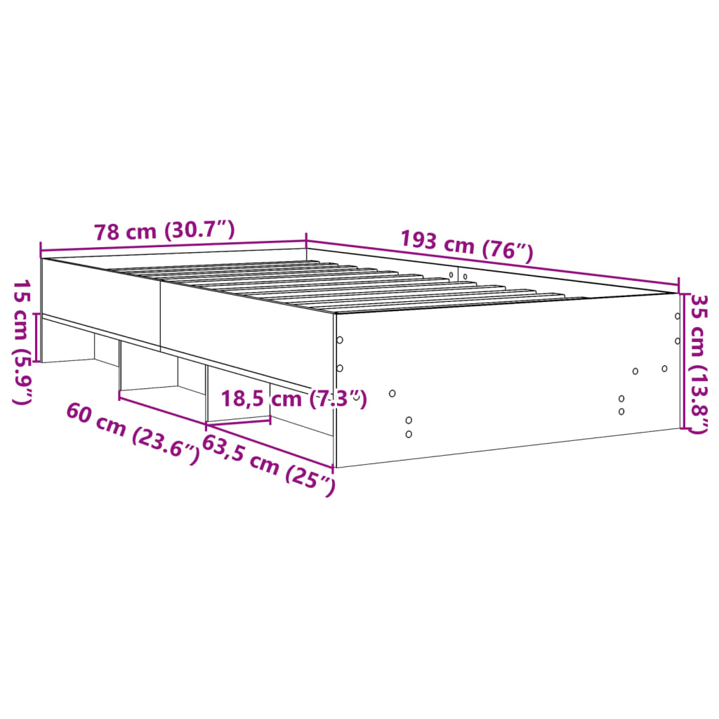 vidaXL Cadre de lit sans matelas chêne marron 75x190cm bois ingénierie