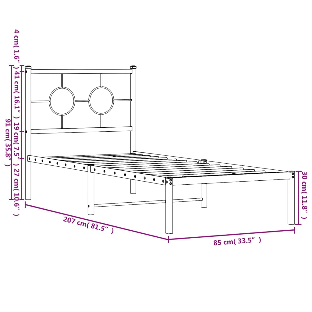 vidaXL Cadre de lit métal sans matelas avec tête de lit noir 80x200 cm