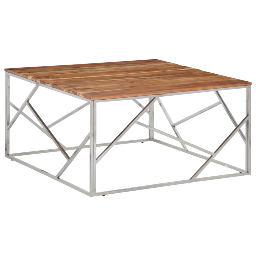 vidaXL Table basse argenté acier inoxydable et bois massif d'acacia