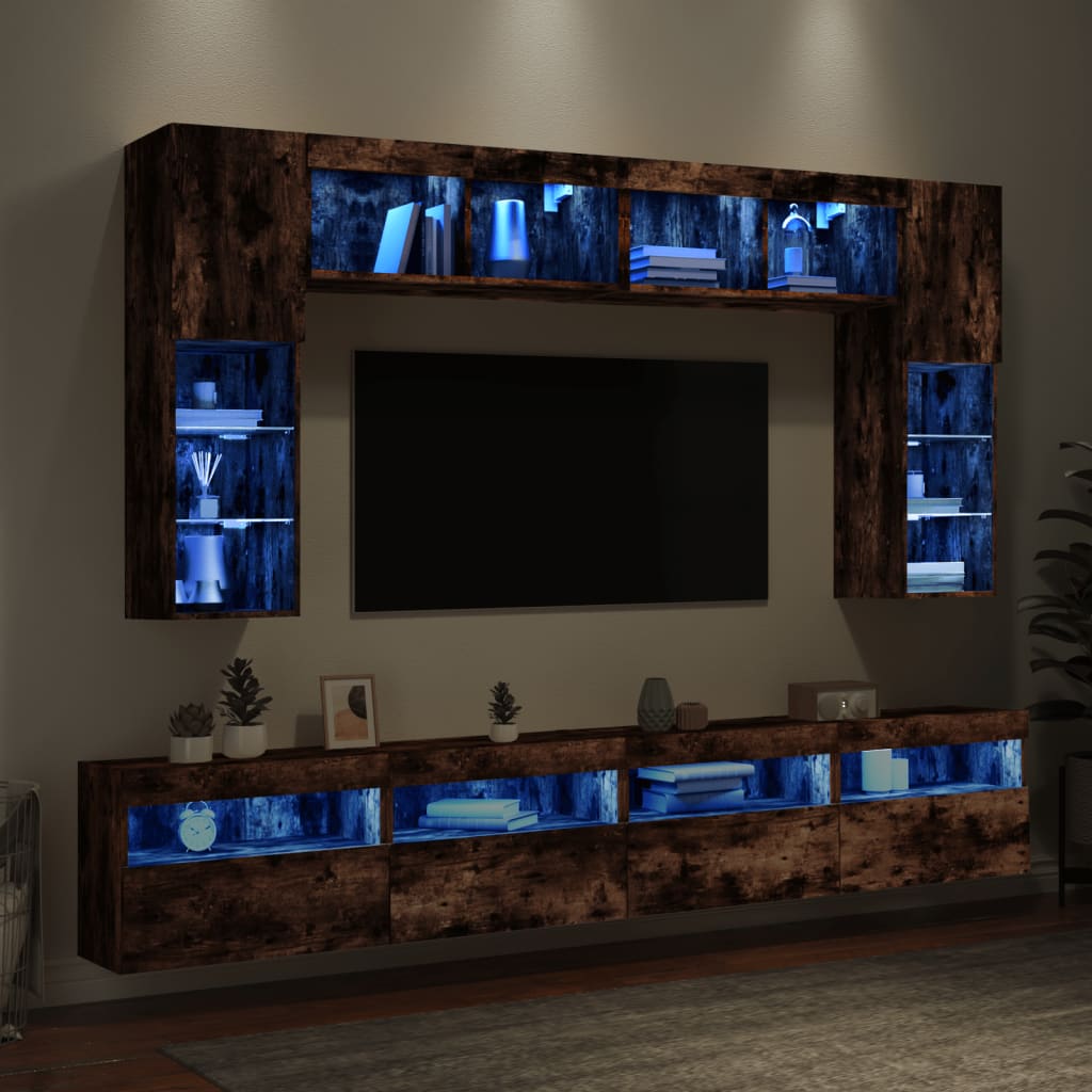 vidaXL Ensemble de meubles TV muraux 8 pcs et lumières LED chêne fumé