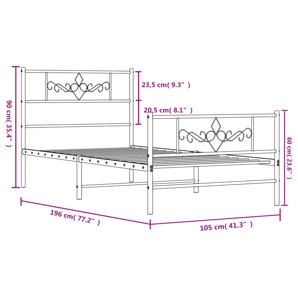 vidaXL Cadre de lit métal sans matelas et pied de lit blanc 100x190 cm