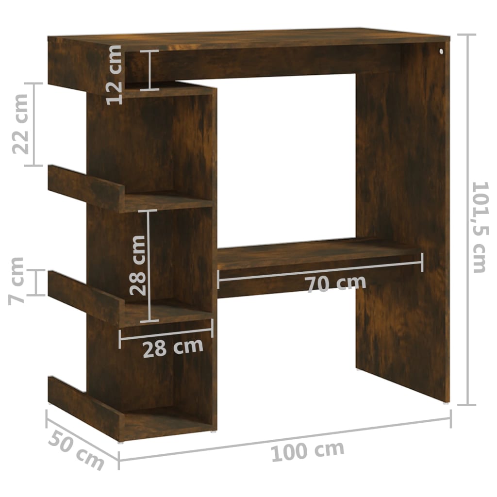 vidaXL Table de bar et étagère de rangement Chêne fumé 100x50x101,5 cm