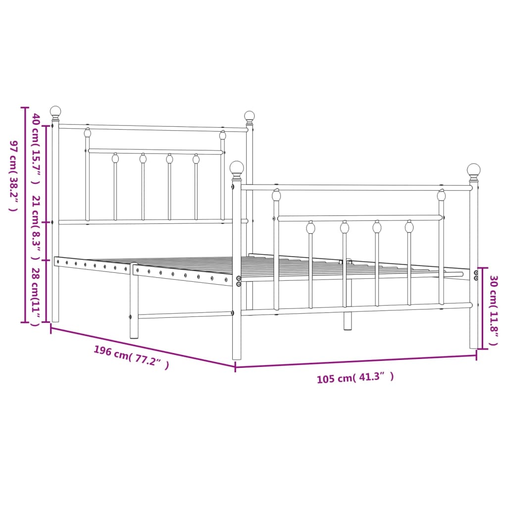 vidaXL Cadre de lit métal sans matelas et pied de lit blanc 100x190 cm