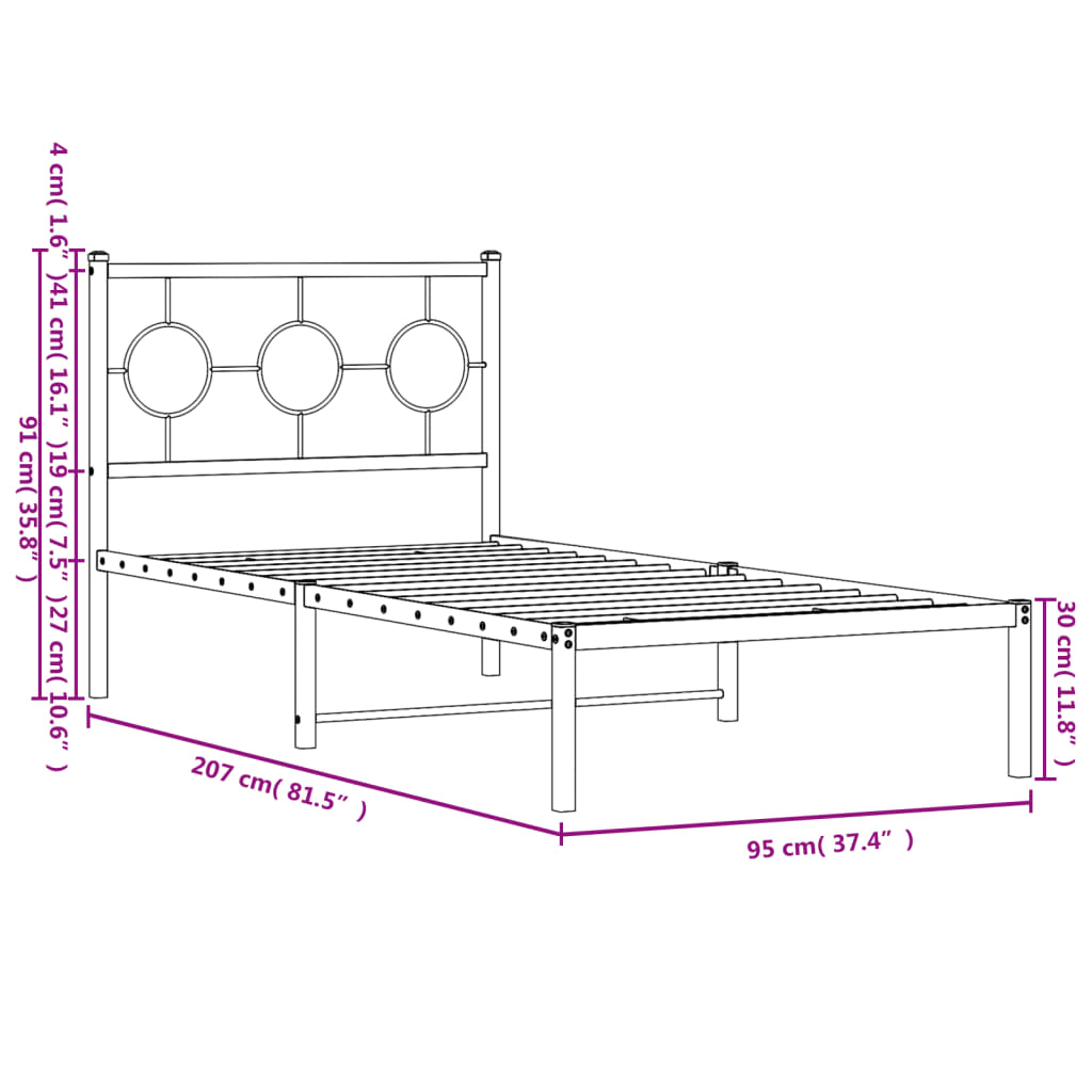 vidaXL Cadre de lit métal sans matelas avec tête de lit noir 90x200 cm