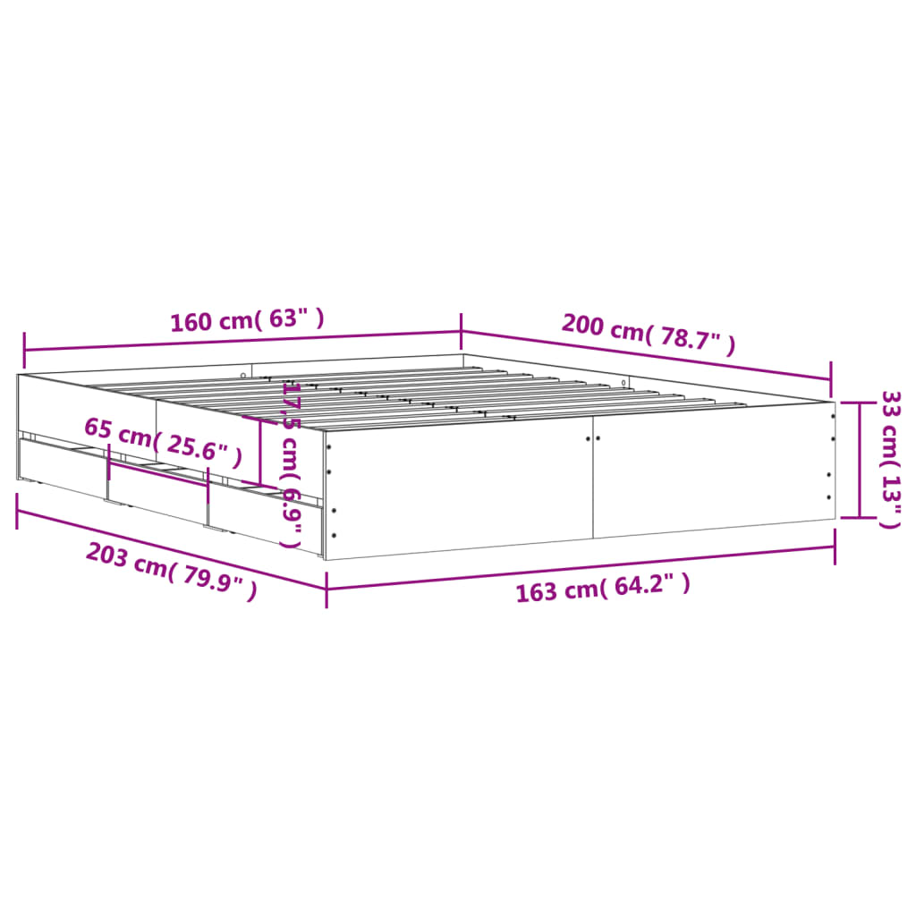 vidaXL Cadre de lit avec tiroirs sans matelas chêne marron 160x200 cm