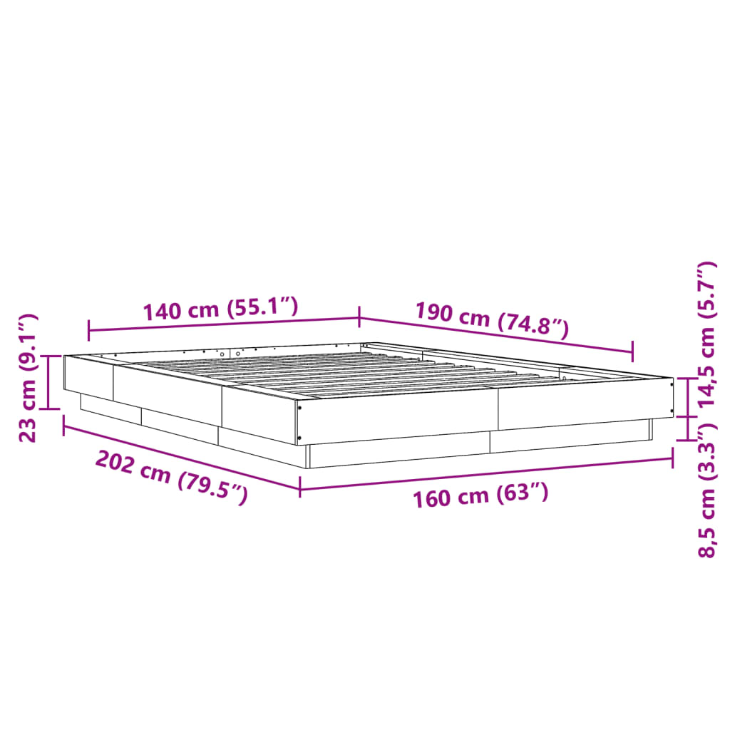 vidaXL Cadre de lit et lumières LED sans matelas sonoma gris 140x190cm