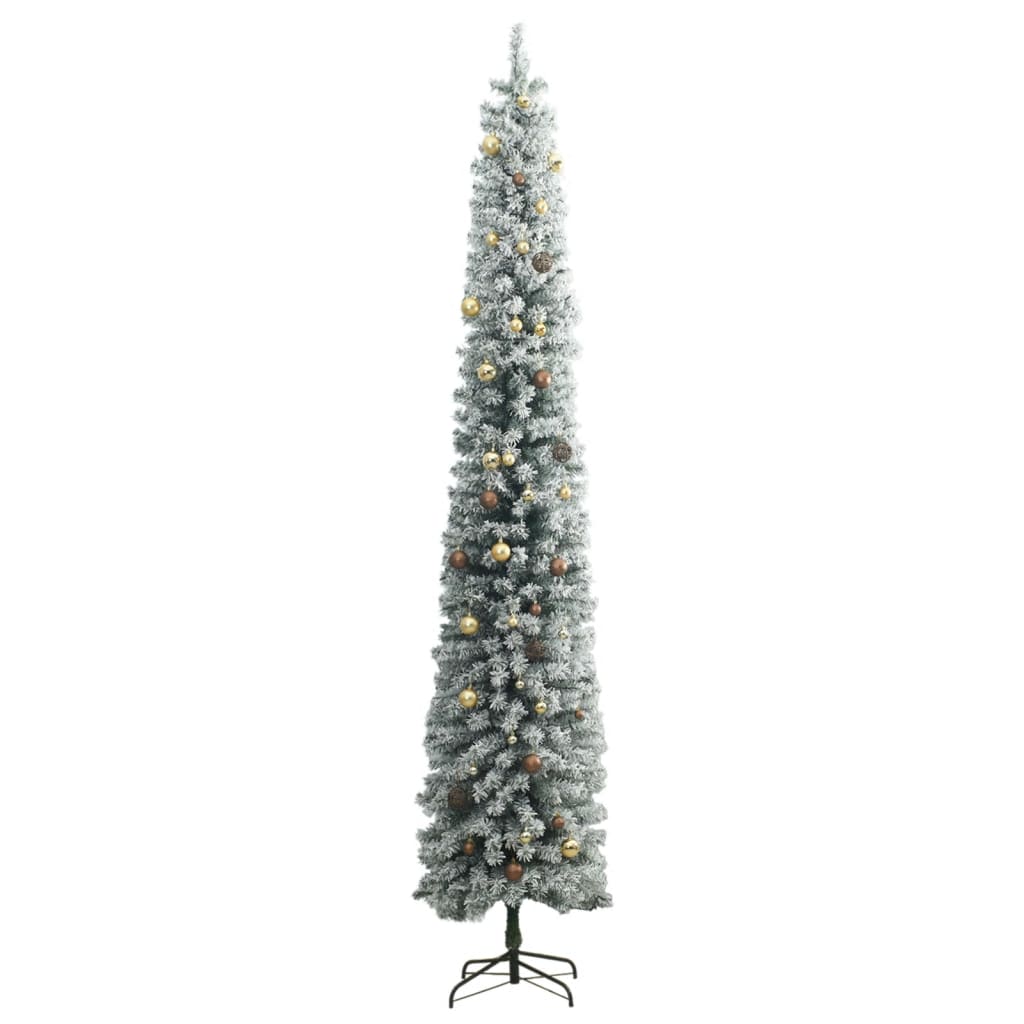 vidaXL Sapin de Noël mince avec 300 LED boules et neige floquée 300 cm