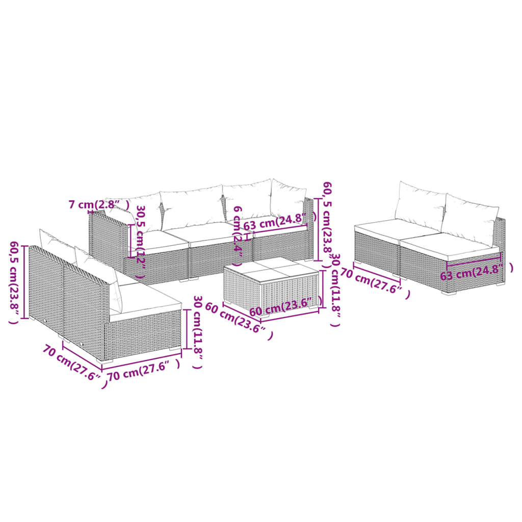 vidaXL Salon de jardin 8 pcs avec coussins Résine tressée Marron