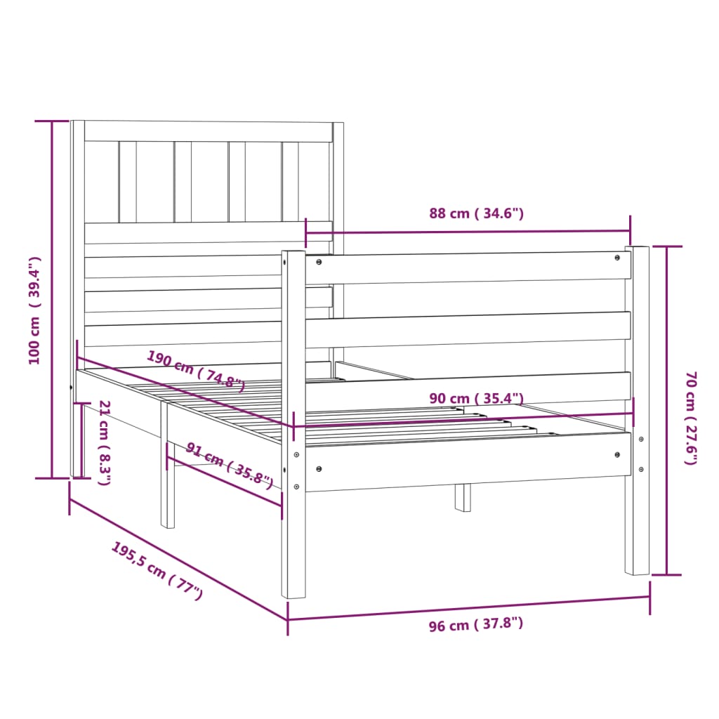 vidaXL Cadre de lit 90x190 cm Simple Bois massif