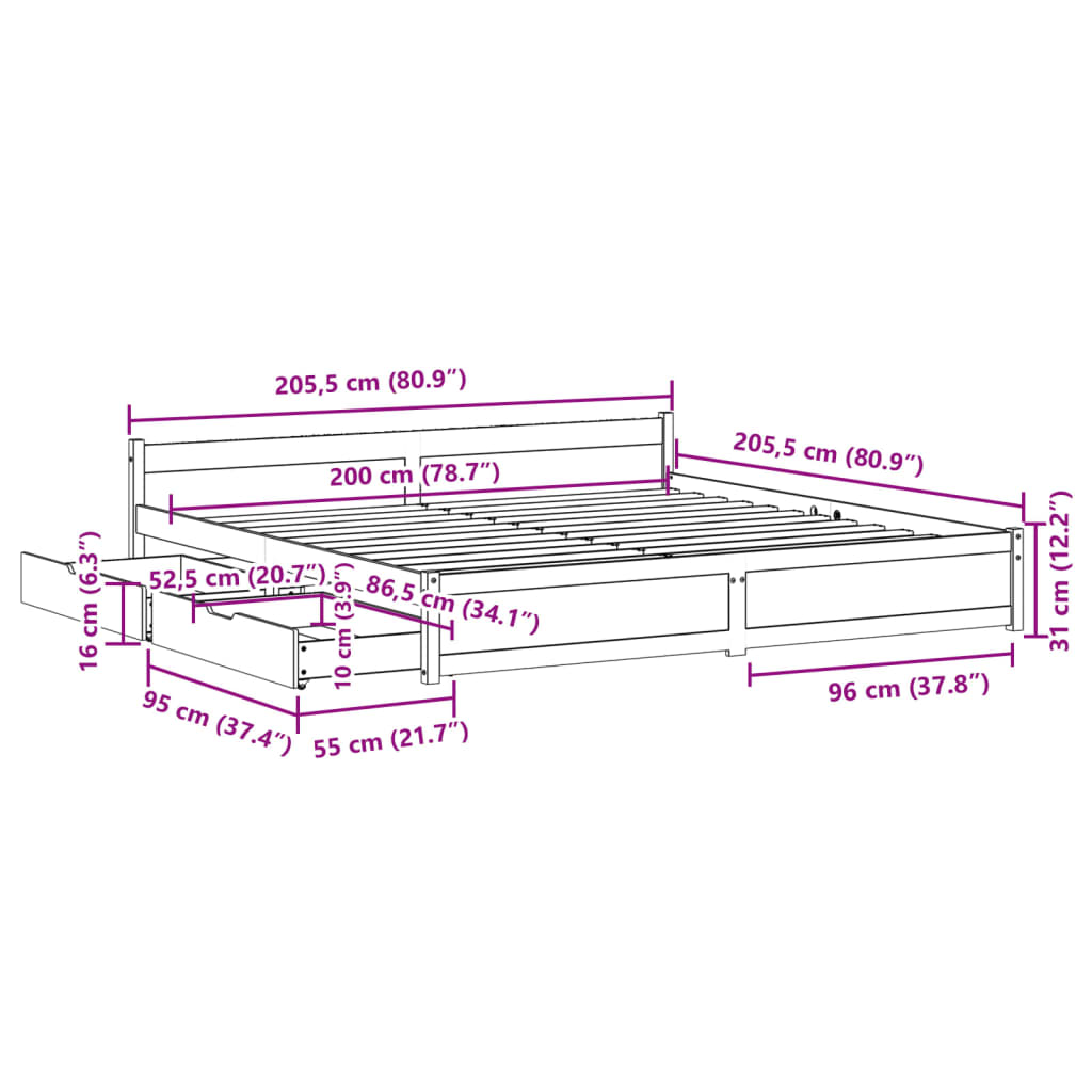 vidaXL Cadre de lit sans matelas blanc 200x200 cm bois massif de pin