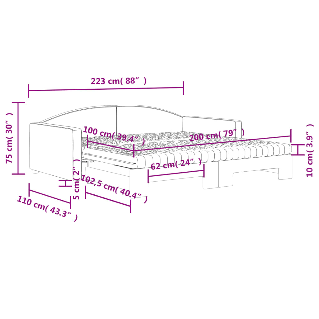 vidaXL Lit de jour avec gigogne et matelas noir 100x200 cm tissu