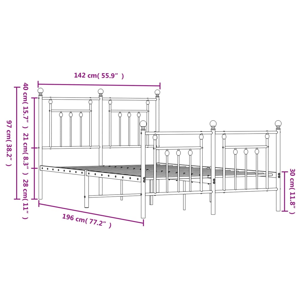 vidaXL Cadre de lit métal sans matelas et pied de lit blanc 135x190 cm