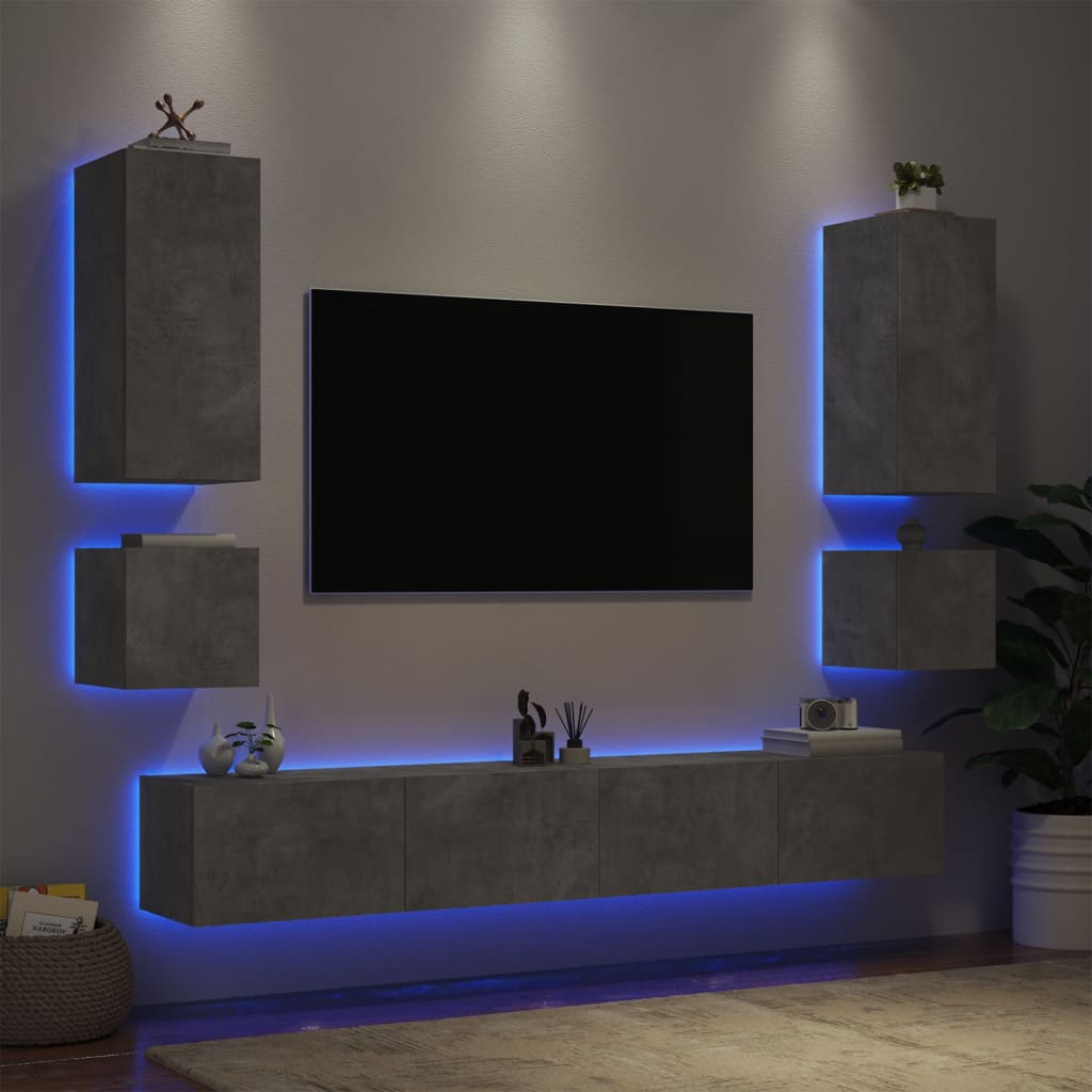 vidaXL Meuble TV muraux 6 pcs avec lumières LED gris béton