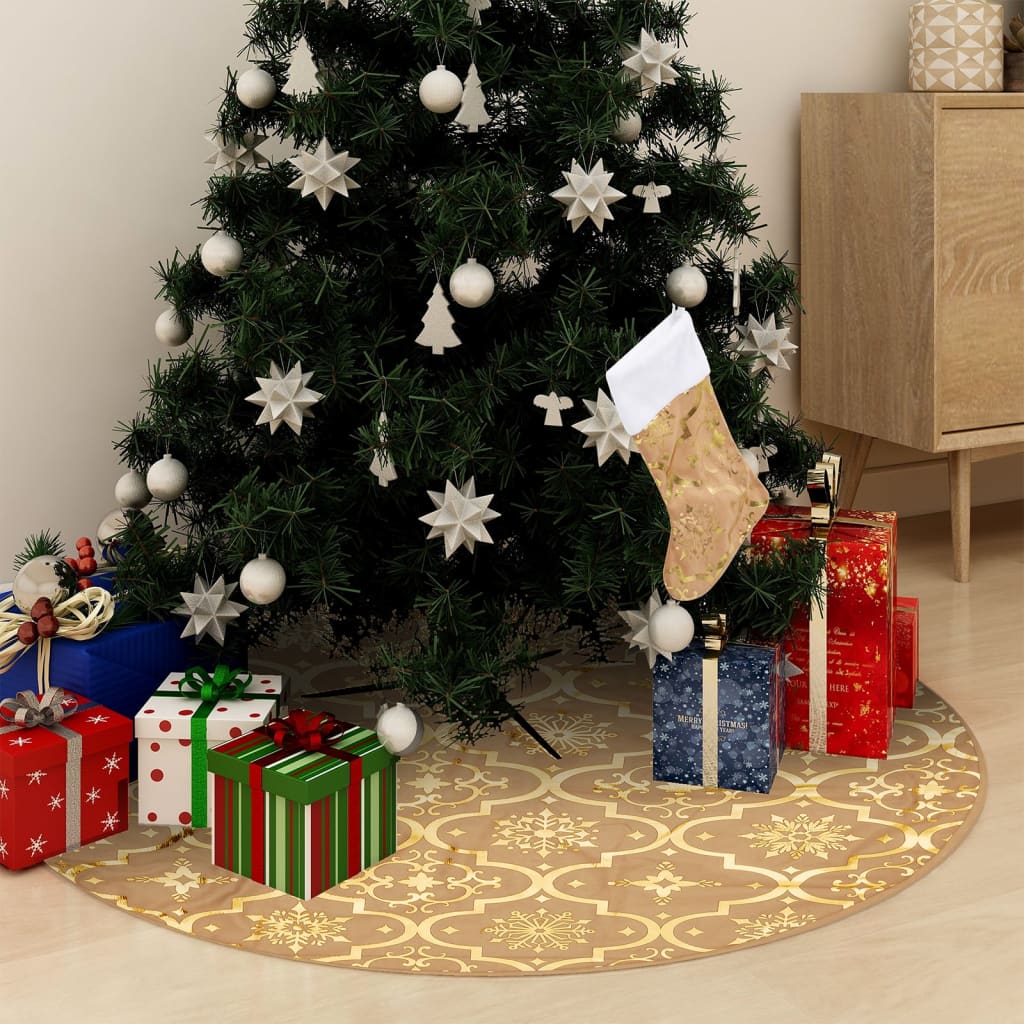 vidaXL Jupe de sapin de Noël de luxe avec chaussette Jaune 90 cm Tissu