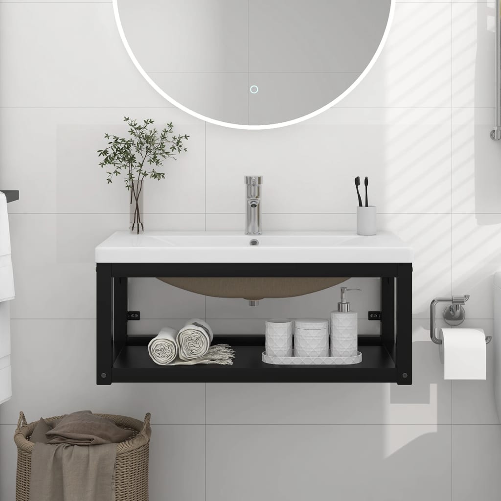 vidaXL Cadre de lavabo de salle de bain vasque à encastrer Noir Fer