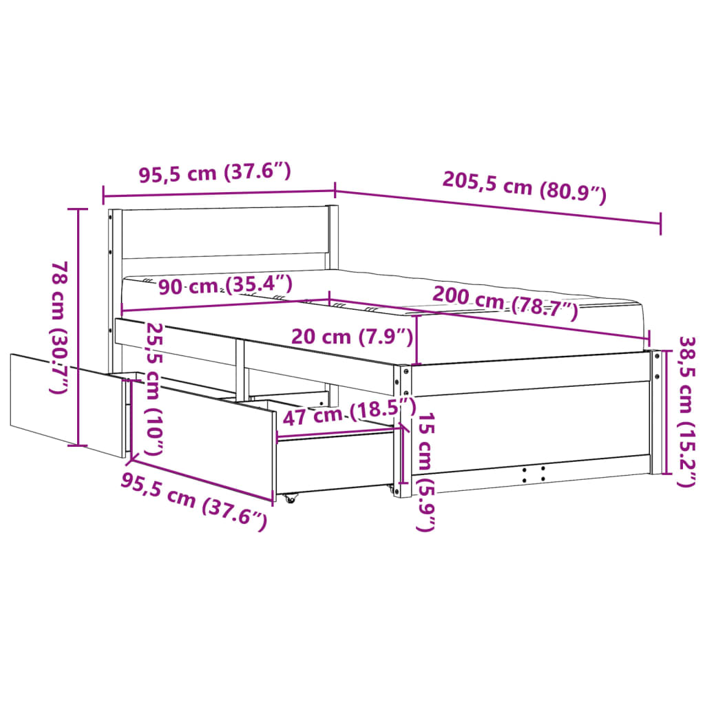 vidaXL Lit avec tiroirs et matelas 90x200 cm bois massif de pin