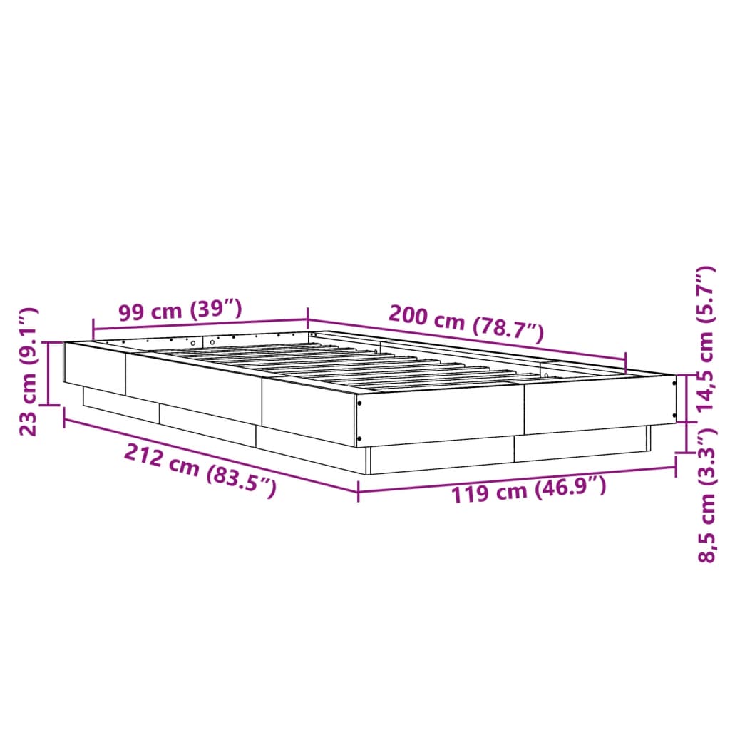 vidaXL Cadre de lit sans matelas gris béton 100x200 cm