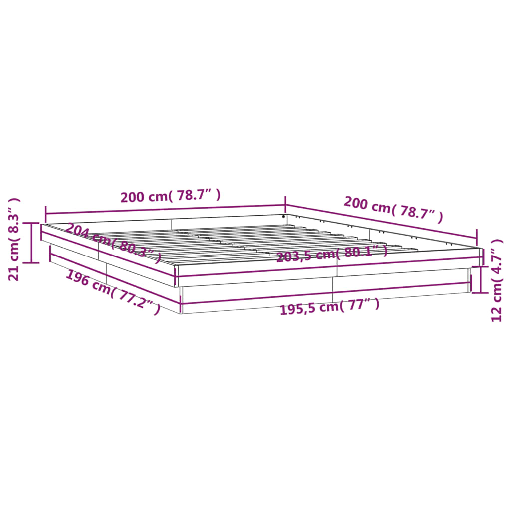 vidaXL Cadre de lit à LED cire marron 200x200 cm bois de pin massif