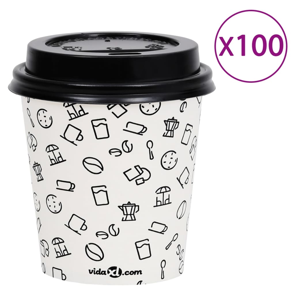 vidaXL Tasses à café en papier et couvercles 200 ml 100 pcs Blanc/noir