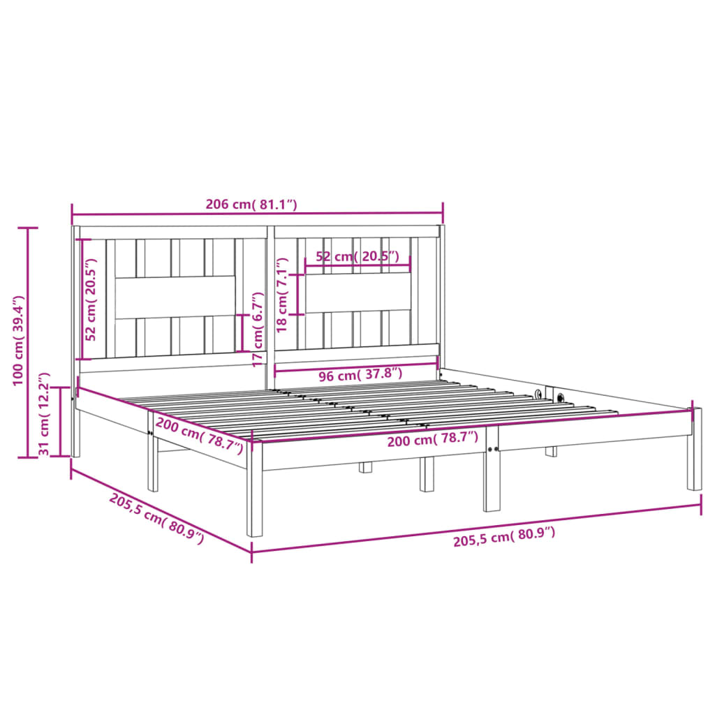 vidaXL Cadre de lit sans matelas gris bois massif 200x200 cm