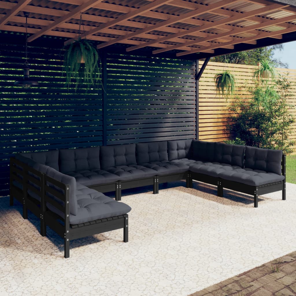 vidaXL Salon de jardin 9 pcs avec coussins Noir Bois de pin massif