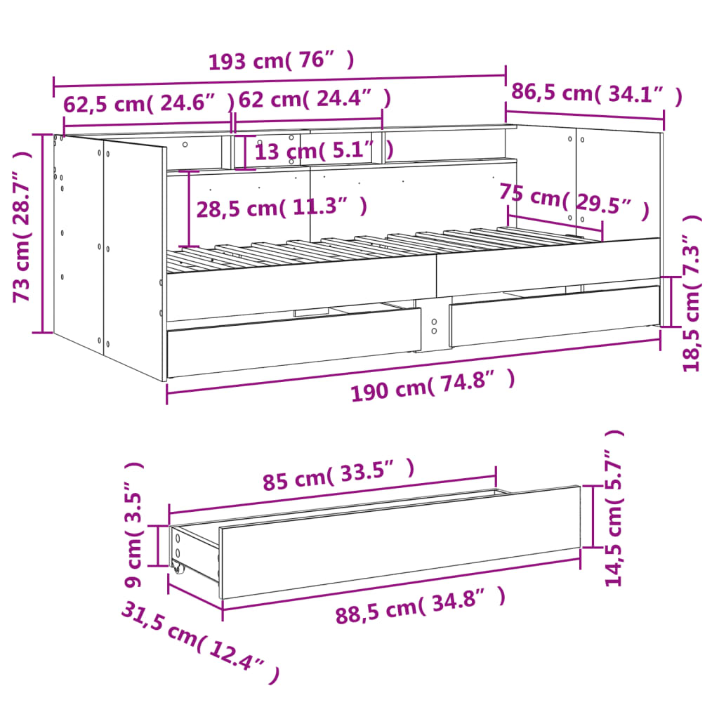 vidaXL Lit de jour avec tiroirs sans matelas chêne marron 75x190 cm