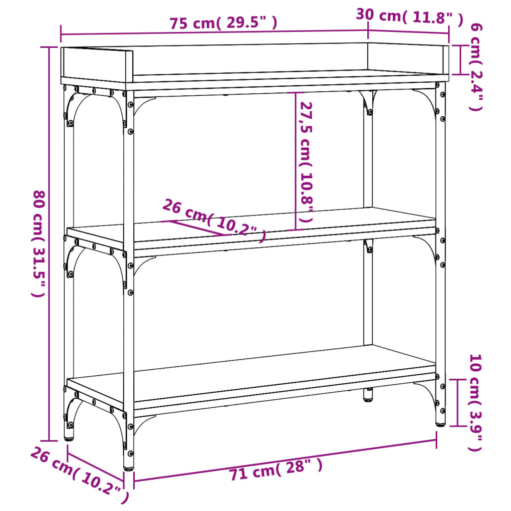 vidaXL Table console avec étagères chêne marron 75x30x80 cm