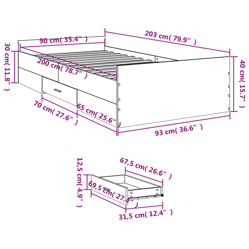 vidaXL Cadre de lit avec tiroirs noir 90x200 cm bois d'ingénierie