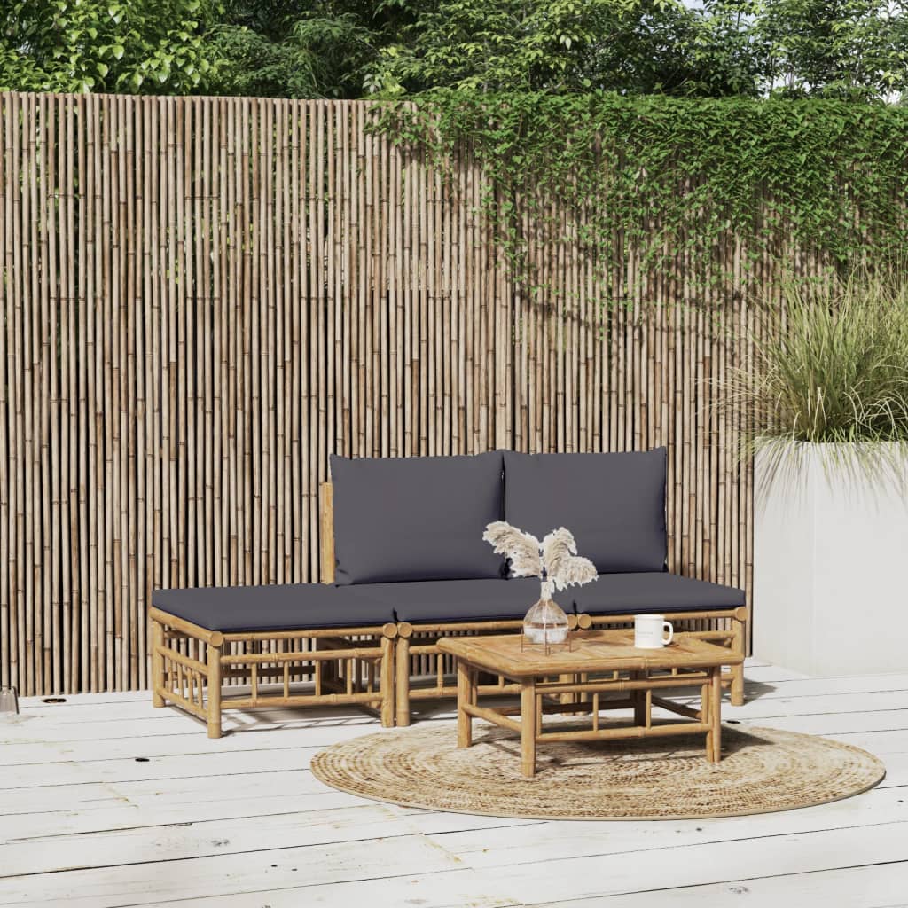 vidaXL Salon de jardin 4 pcs avec coussins gris foncé bambou