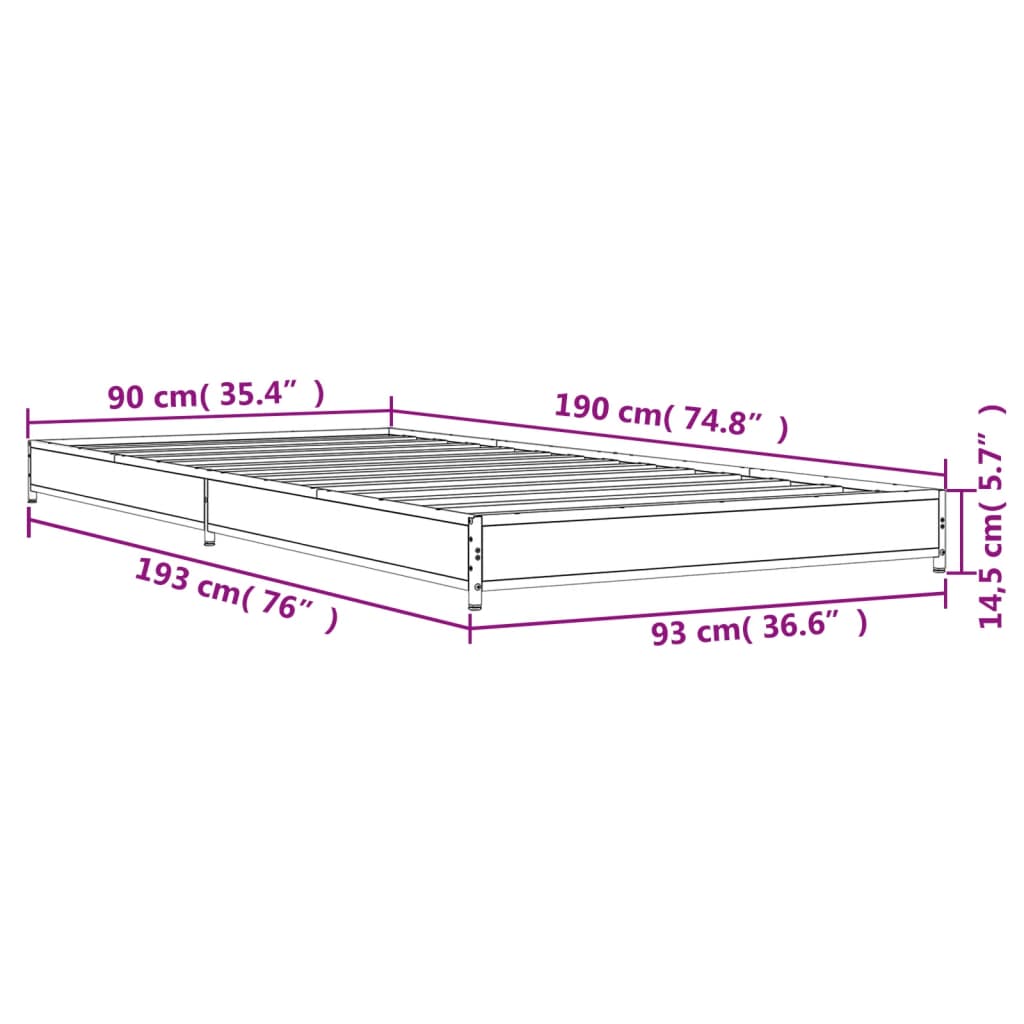 vidaXL Cadre de lit chêne fumé 90x190 cm bois d'ingénierie et métal