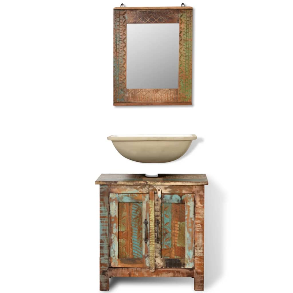 Ensemble meuble sous vasque et miroir en bois massif recyclé