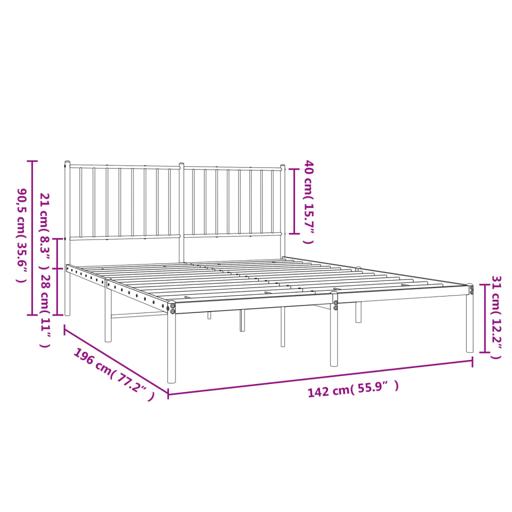 vidaXL Cadre de lit métal sans matelas avec tête de lit noir 135x190cm