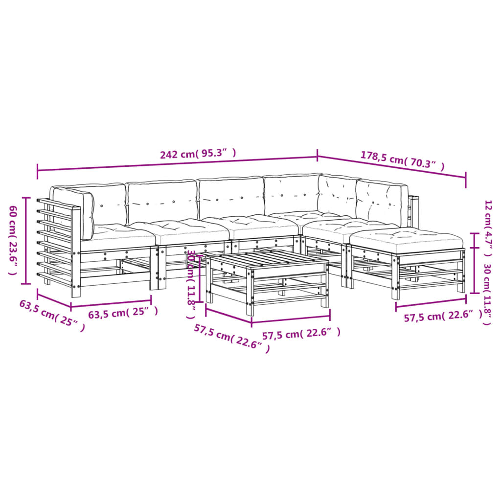 vidaXL Salon de jardin 7 pcs avec coussins bois massif